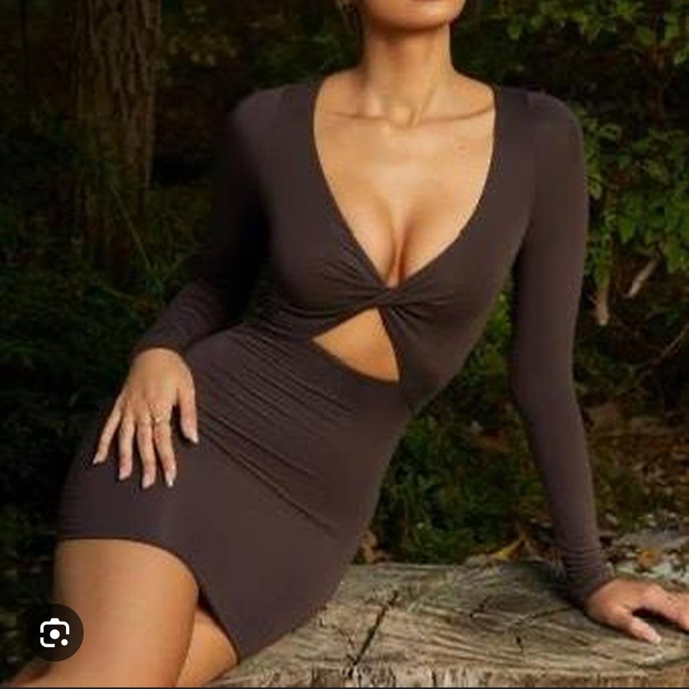 Oh Polly Brown Long Sleeve Cut-Out Dress